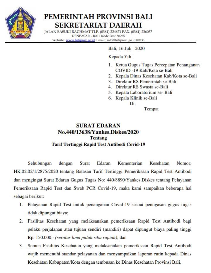 podiumnews.com-Sekda Dewa Indra Keluarkan SE Tarif Tertinggi Rapid Test